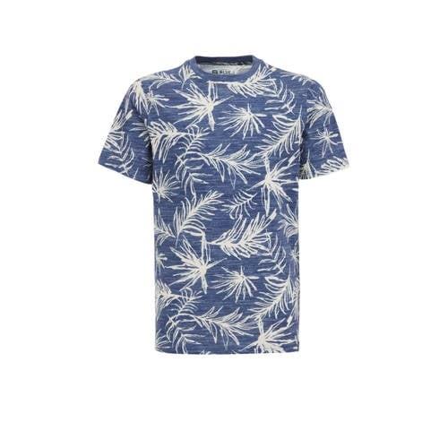 WE Fashion T-shirt met bladprint blauw Jongens Biologisch katoen Ronde...