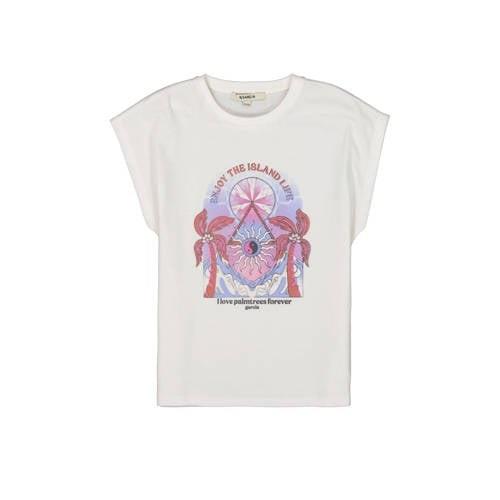 Garcia T-shirt met printopdruk wit/roze/lila Meisjes Katoen Ronde hals...