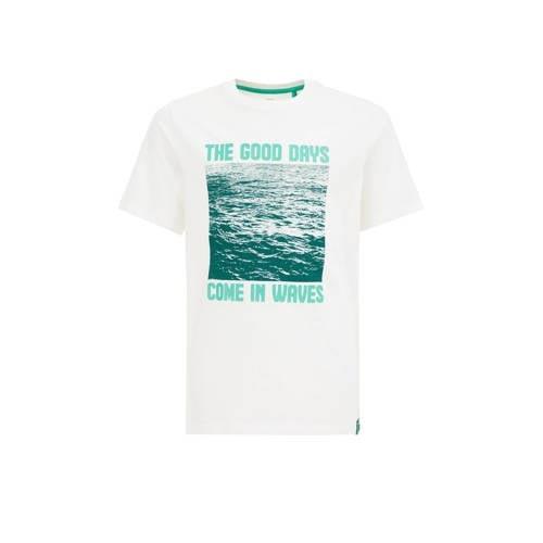 WE Fashion T-shirt met printopdruk wit/groen Jongens Katoen Ronde hals...