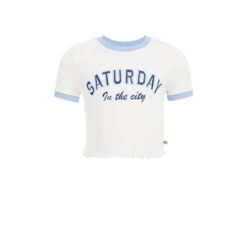WE Fashion T-shirt met tekst wit/blauw Meisjes Stretchkatoen Ronde hal...