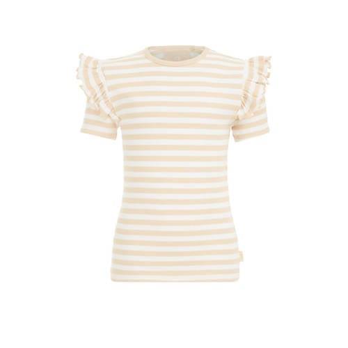 WE Fashion gestreept T-shirt beige Meisjes Biologisch katoen Ronde hal...
