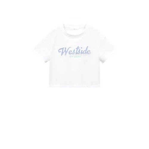 Mango Kids T-shirt met tekst wit Meisjes Katoen Ronde hals Tekst - 116