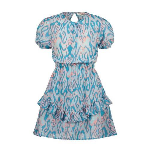 Vingino jurk Paxie met all over print en volant helderblauw/lichtroze ...