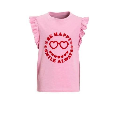 anytime T-shirt met ruffle roze Meisjes Katoen Ronde hals Effen - 134/...