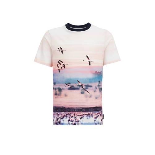 WE Fashion T-shirt met all over print wit/roze/donkerblauw Multi Jonge...