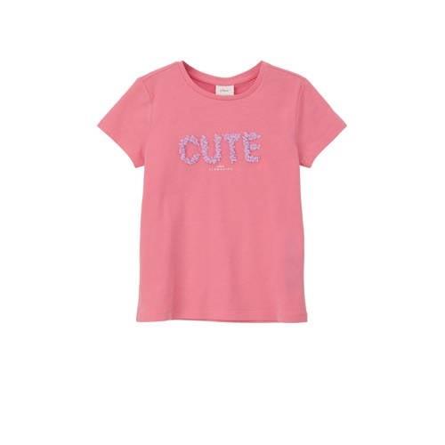 s.Oliver T-shirt met tekst roze Meisjes Katoen Ronde hals Tekst - 92/9...