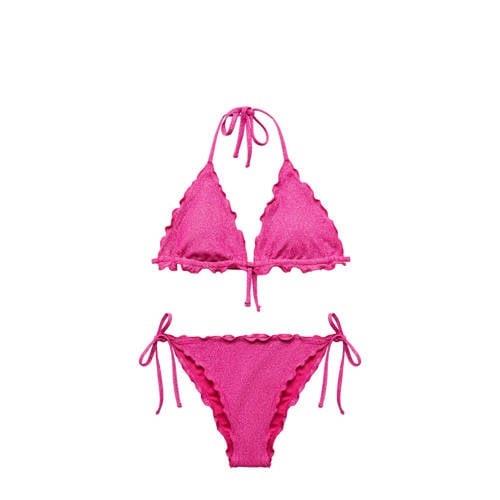 Mango Kids triangel bikini met ruches en lurex roze Meisjes Polyamide ...