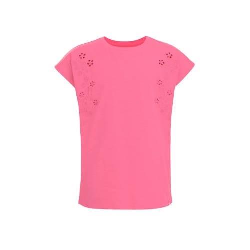 WE Fashion T-shirt roze Meisjes Stretchkatoen Ronde hals Effen - 134/1...