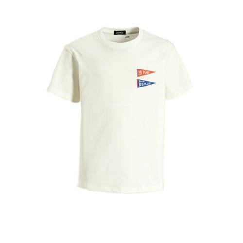 REPLAY T-shirt met printopdruk offwhite Wit Jongens Katoen Ronde hals ...