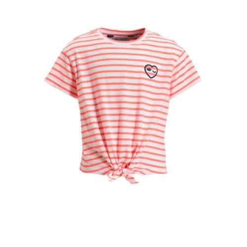 anytime T-shirt met knoopdetail wit/koraal Oranje Meisjes Katoen Ronde...
