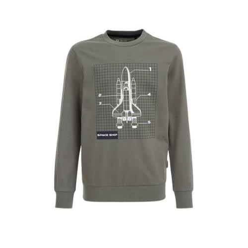 WE Fashion longsleeve met printopdruk grijsgroen Jongens Katoen Ronde ...