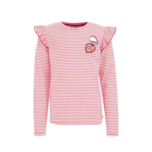 WE Fashion gestreepte longsleeve felroze/wit Meisjes Stretchkatoen Ron...