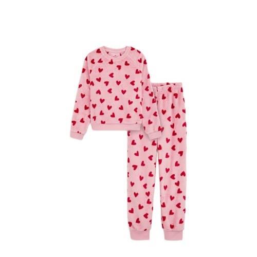 WE Fashion fleece pyjama met hartjes dessin roze/rood Hartjes - 98/104