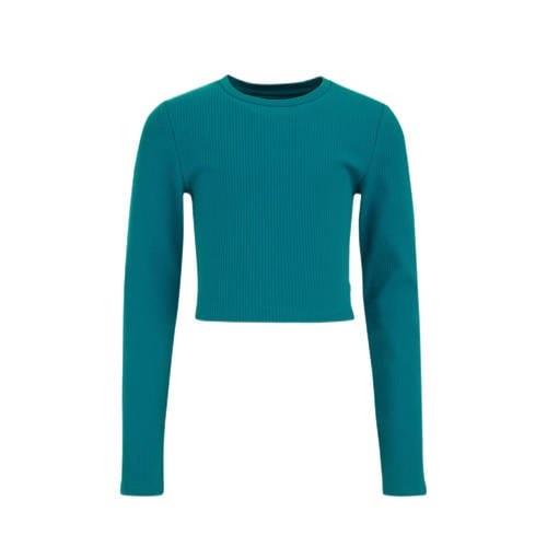 WE Fashion longsleeve petrol groen Meisjes Stretchkatoen Ronde hals Ef...