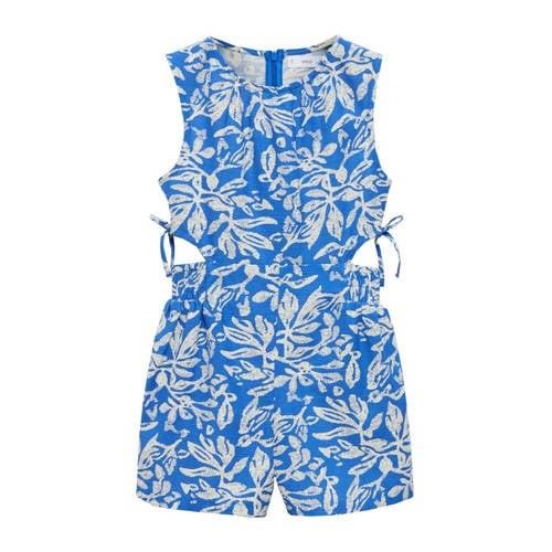 Mango Kids gebloemde playsuit helderblauw/wit Meisjes Katoen Ronde hal...