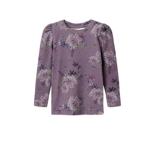 NAME IT MINI gebloemde longsleeve paars Meisjes Stretchkatoen Ronde ha...