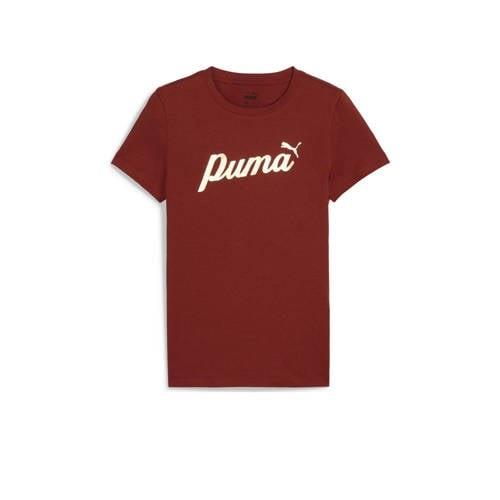 Puma T-shirt Ess+ met logo donkerrood/goudkleurig Jongens/Meisjes Kato...