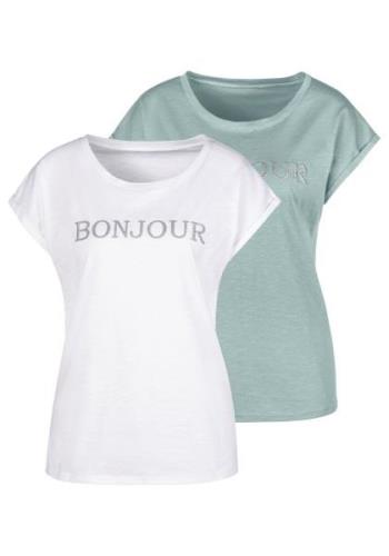 Vivance T-shirt met modieuze frontprint 'bonjour' (set, 2-delig)