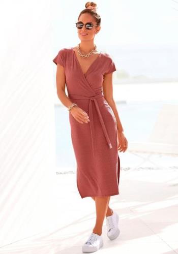 Lascana Midi-jurk van geribde stof, wikkeljurk met split, casual-chic ...