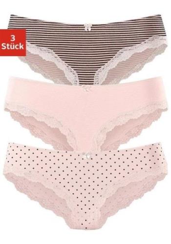 Lascana Slip van elastische katoen met delicate kant (set, 3 stuks)