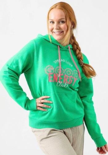 Zwillingsherz Hoodie met "good energy"-borduursel en roze koorden