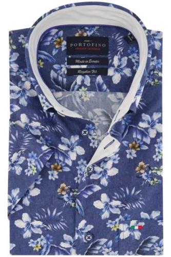 Portofino overhemd korte mouw  blauw bloemenmotief katoen wijde fit