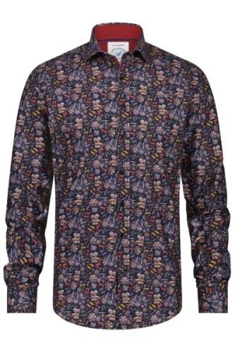 Heren overhemd A Fish Named Fred donkerblauw print katoen slim fit