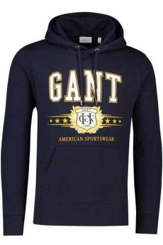 Gant sweater donkerblauw effen met opdruk en buidelzak katoen