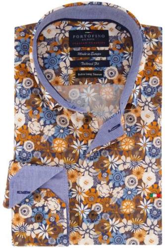 Overhemd Portofino mouwlengte 7 tailord fit blauw geprint katoen