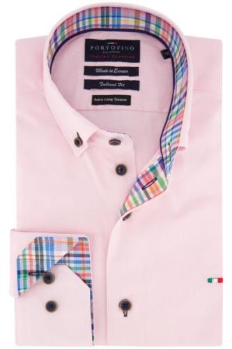 Portofino casual overhemd mouwlengte 7 tailord fit roze effen katoen