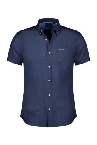 New Zealand casual overhemd korte mouw normale fit donkerblauw linnen