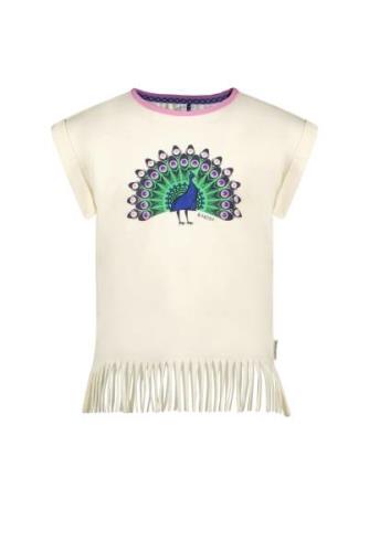 B.Nosy Meisjes t-shirt met pauw print en fraanjes cotton